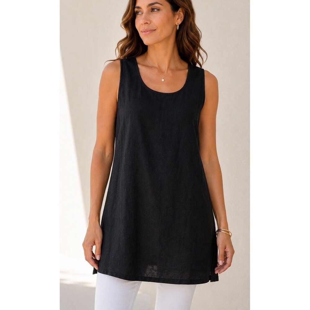 Chicos 100% Linen Black Sleeveless Tunic Top Womens Size 1  Medium Resort